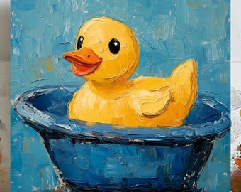 Pato en la bañera, lienzo o póster, arte divertido para la pared del baño, decoración de animales adorables, tapiz para el baño, arte moderno para el hogar, baño infantil