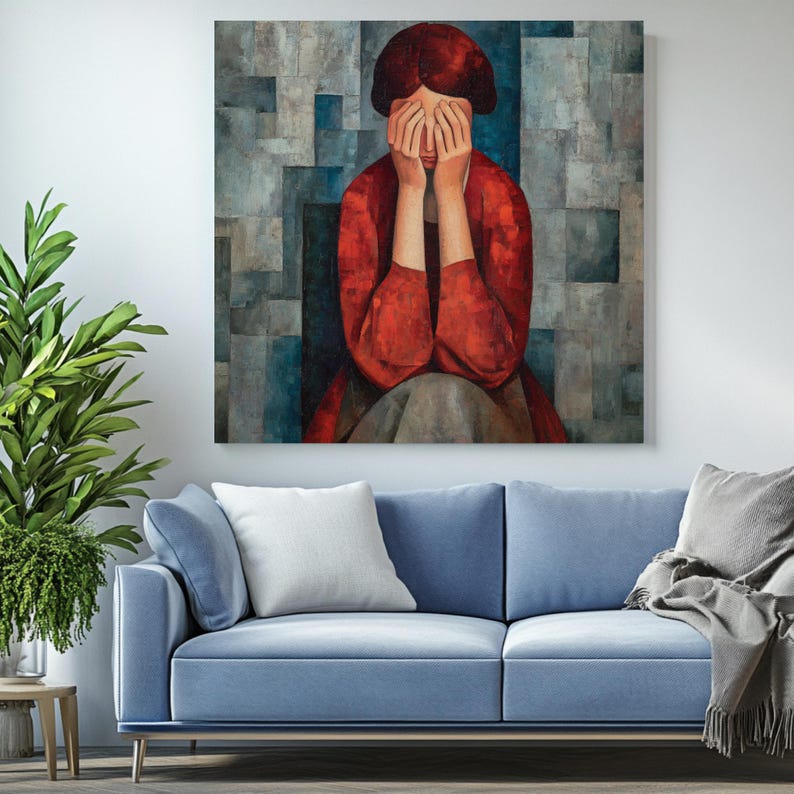 Abstract Woman in Red Dress, Canvas or Poster, Sad Woman Wall Art ...