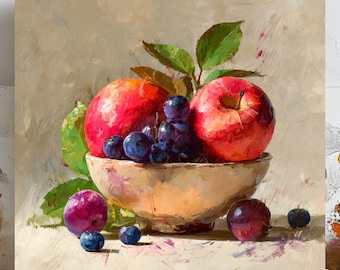 Apple and Grape Wall Art, Canvas or Poster, Fruit Still Life Painting, Kitchen Dining Room Decor, Rustic Home Artwork, Classic Wall Decor