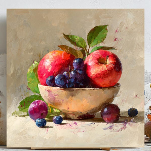 Arte mural de manzana y uva, lienzo o póster, bodegón de frutas, decoración de cocina y comedor, obra de arte rústica para el hogar, decoración clásica de pared.