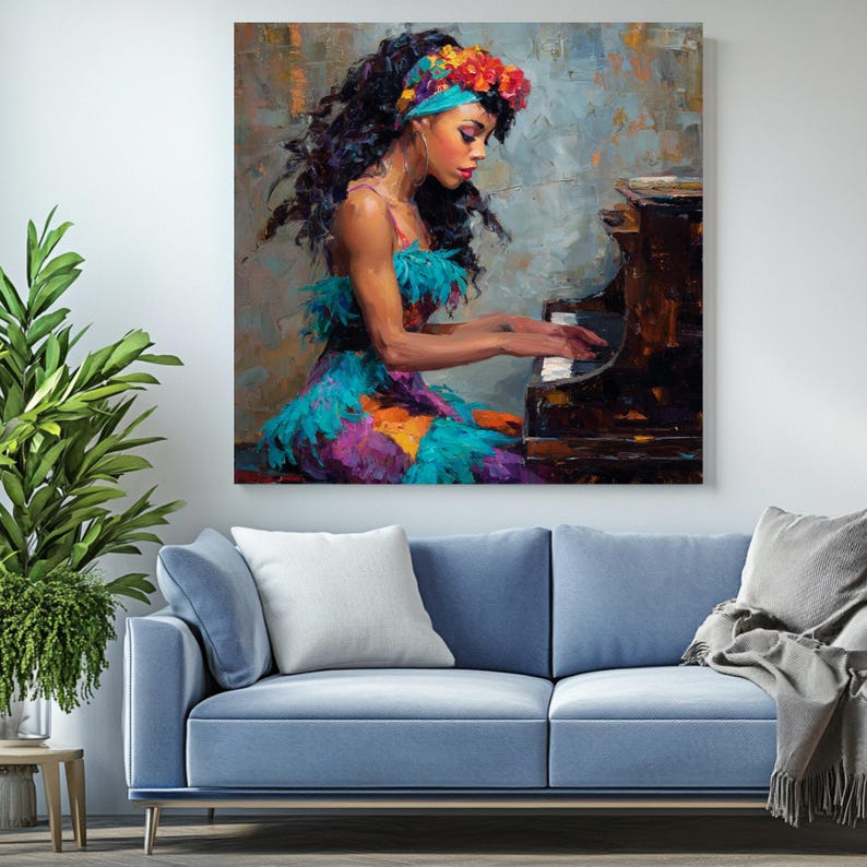 Puede incluir: Una vibrante pintura al &oacute;leo representa a una mujer tocando el piano. Viste un vestido colorido con detalles azules, morados y naranjas, y una diadema floral. El piano es marr&oacute;n oscuro y el fondo tiene un estilo texturizado y abstracto.