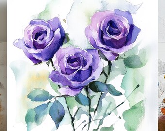 Rosas moradas en acuarela, lienzo o póster, arte floral para pared, impresión botánica, arte para la cocina, regalo de aniversario para ella, arte elegante para la pared.
