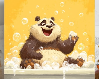 Panda in der Badewanne, Leinwand oder Poster, Kinderdekor, Badezimmer Wandkunst, Tierdekor, lustige Wandkunst, Wohnkultur, Panda-Wandbehang