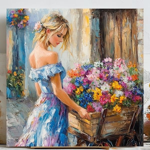 Frau mit Blumenwagen Kunst, Romantische Blumenmalerei, Vintage Blumendruck, Botanische Wandkunst, Blumenwagen Poster, Charmante Kunst, Blumenkunst