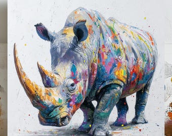 Abstract Colorful Rhino Wall Art, Canvas Or Poster, Vibrant Rhinoceros Painting, Modern Animal Decor, Living Room Decor,Unique Wildlife Gift
