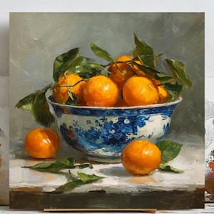 Może przedstawiać: Martwa natura przedstawiająca misę wypełnioną jasno pomarańczowymi mandarynkami i zielonymi liśćmi. Misa jest biała z niebieskim wzorem kwiatowym. Kilka mandarynek jest rozrzuconych wokół misy na białej powierzchni.