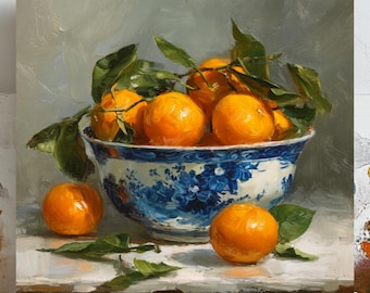 Decoración de pared con cuenco naranja, lienzo o póster, arte para cocina y comedor de estilo rústico, pintura de bodegones de frutas, diseño rústico mediterráneo