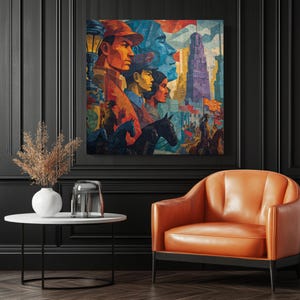 Puede incluir: Una gran obra de arte en lienzo cuadrada que representa una ilustraci&oacute;n estilizada y colorida de personas, caballos y un horizonte urbano. La obra de arte presenta una paleta de tonos c&aacute;lidos y fr&iacute;os, incluyendo naranja, azul y morado. El arte se exhibe sobre un sill&oacute;n de cuero naranja.