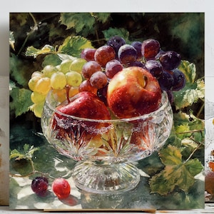 May include: A watercolor painting of a crystal bowl filled with fresh fruit. The bowl contains red apples, red and green grapes, and a red pear. The background features green leaves and a soft, natural light.