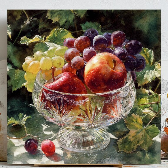 Fruit Bowl Painting, Canvas or Poster, Kitchen Dining Room Wall Art, Rustic Farmhouse Decor, Vibrant Still Life Artwork, Home Wall Art