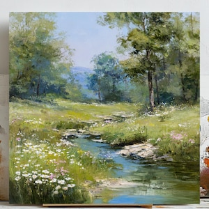 Quadro con paesaggio di prato, su tela o poster, decorazione murale a tema natura, arredamento per soggiorno, dipinto ad olio impressionista, arte per arredamento in stile rustico-country.