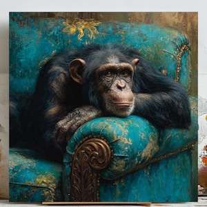 Peut inclure: Peinture détaillée d'un chimpanzé se reposant sur un fauteuil turquoise. Le fauteuil présente des détails dorés et un dossier capitonné. Le chimpanzé a des poils foncés et regarde vers l'avant. L'œuvre a un style vintage et classique.