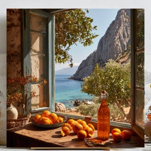 Mediterranean Wall Art Print, Greece Travel Poster, Coastal Ocean View, Digital Download, Vintage Style Photography, Home Decor,Art For Gift