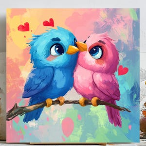 Arte murale con uccelli innamorati, tela o poster, decorazione con uccelli innamorati, decorazione romantica per la casa, decorazione da parete per la camera da letto, decorazione moderna, regalo di anniversario, decorazione per coppie