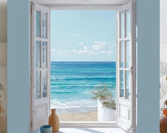 Puede incluir: Pintura de una ventana blanca abierta con vistas a una playa y al océano. La ventana tiene dos paneles abiertos, con un jarrón y un cuenco en el alféizar. El océano es de un vibrante color turquesa.