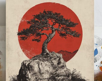 木のウォールアート、キャンバスまたはポスター、赤い太陽の壁飾り、日本のアートプリント、盆栽の装飾、禅風の室内装飾、アジア風、自然アート