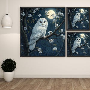 White Owl Wall Art, Canvas Or Poster, Animal Decor, Modern Wall Art, Contemporary Design, Whimsical Owl Art, Living Room Decor, Home Decor image 2