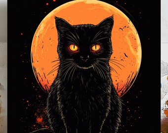 Black Cat Wall Art, Canvas Or Poster, Black Cat Print, Black Cat Decor, Moon Wall Art, Gothic Wall Art, Halloween Decor, Animal Wall Art