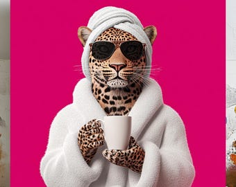 May include: A humorous print of a leopard wearing sunglasses, a white towel, and a white robe, holding a white mug. The image is set against a bright pink backdrop. The artwork has a playful and fashionable style.