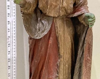 Figura religiosa colonial española antigua de los siglos XVIII y XIX, ojos de cristal, madera y lienzo.