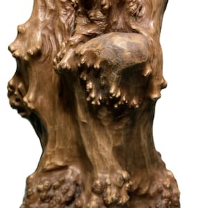 May include: A natural wood sculpture with a light brown color. The sculpture has a rough, textured surface with many knots and protrusions. The piece appears to be carved from a tree trunk or large branch, showcasing the natural grain and form of the wood.