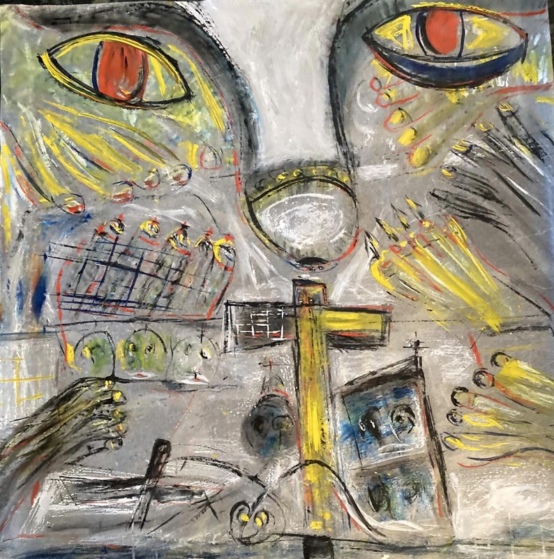 Lote de 3 pinturas acrílicas grandes de Werner Jampen, Cobra Basquiat, estilo grafiti imagen 1