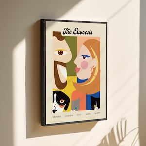 May include: Framed art print featuring a stylized family portrait. The artwork depicts a man, a woman, a dog, and two cats, with names below. The title "The Elwoods" is at the top. The color palette includes beige, brown, green, yellow, orange, blue, and black.