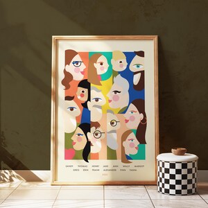 Op de afbeelding: Een ingelijste kunstprint met gestileerde portretten van verschillende mensen in een kleurrijk, geometrisch ontwerp. Het kunstwerk bevat namen en het jaar 2023. Rechts staat een decoratieve container met een zwart-wit dambordpatroon.