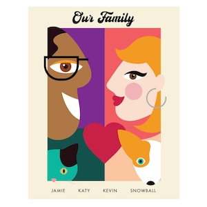 Ritratto di famiglia personalizzato, ritratto di coppia personalizzato con animale domestico, arte digitale moderna personalizzata, regalo di San Valentino