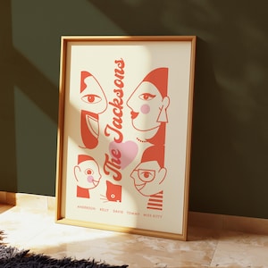 Retrato familiar moderno personalizado, arte lineal minimalista, regalo único para familiares, amantes de las mascotas y el Día del Padre.