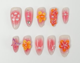 Pink Gradient Press On Nails｜Butterfly Accent｜Spring Summer Nail Art Set | Acrylic Press on Nails  | Reusable Nails |  Press on Nail Sets