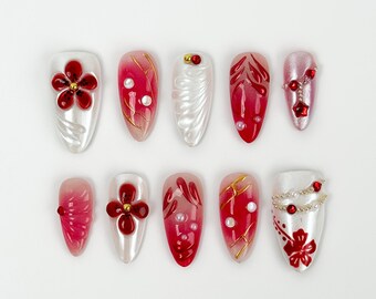 Romantic Red Press On Nails｜Floral Pearl Accent Fake Nails｜Elegant Nail Art | Almond Nails | Handmade Acrylic Nails | Reusable Nail Tips