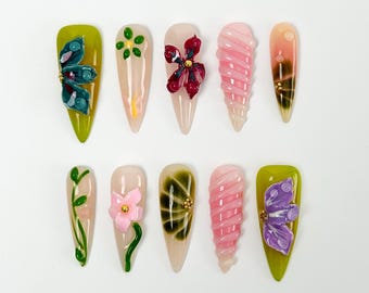 3D Flowers Press on Nails | Green and Pink Nails | Spring Summer Press ons | Elegant Long Nails | Reusable Nails | Press on Nail Set