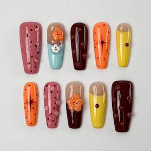 Candy Color Press On Nails｜3D Flower Accents｜Glossy Brown Yellow Pink Mix｜Handmade Cute Design | Press on Nail Sets | Reusable Nails