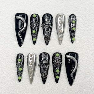 Goth Press On Nails｜Edgy Black Green Nails｜3D Skull Design｜Halloween  Nails | Press on Nail Sets | Reusable Nails | Acrylic Nails