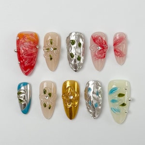 Luxury Floral Press On Nails｜3D Artistic Nails｜Shiny Metallic Fake Nails | Press on Nail Sets | Reusable Nails | Handmade Acrylic Press ons