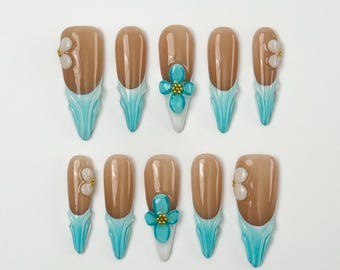 3D Blue Flower Press On Nails｜Elegant False Nails | Summer Nail Art | Press on Nail Sets | Reusable Nails | Handmade Acrylic Fake Nails