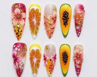 Tropical Fruit Press On Nails｜Papaya Citrus Flower Nails｜Summer Vacation Nail Art｜Colorful 3D Nails｜Long Stiletto Set