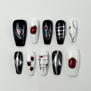 Punk Press On Nails｜Red Black White Nails｜Dark Aesthetic | Press on Nail Sets | Reusable Nails | Handmade Nail Art｜Acrylic Press on Nails