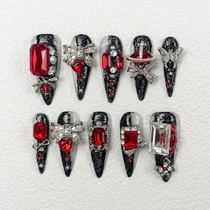 Luxury Red Press On Nails｜Gothic Press On Nails｜Black Red Glam Nails｜3D Gem Nail Art｜Press on Nail Sets | Reusable Nails | Acrylic Press ons