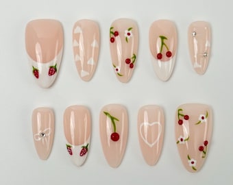 Cherry Strawberry Press On Nails｜Cute French Tip Nails｜Fruit Nail Designs｜Press on Nail Sets | Reusable Nails |  Acrylic Press on Nails