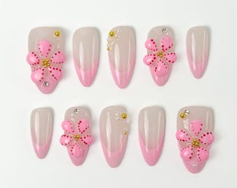 3D Flower Press On Nails | Pink French Tip Nails | Handmade Long False Nails | Press on Nail Sets | Reusable Nails |  Acrylic Nails