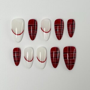 Plaid Press On Nails｜Red French Design Nails ｜Classic Elegant Style | Press on Nail Sets | Reusable Nails | Handmade Acrylic Press ons