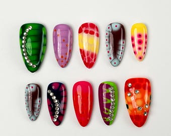 Presse sur les ongles funky de l'an 2000｜Ongles d'été 3D audacieux | Faux ongles aux couleurs vives, poses d'ongles à presser | Ongles réutilisables | Presse acrylique faite main