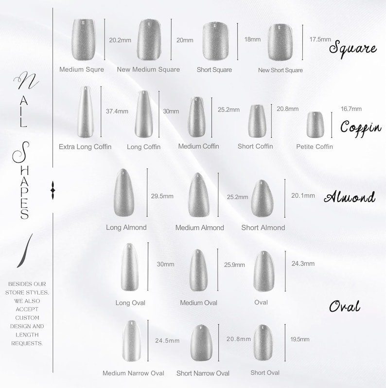 May include: A diagram showcasing various nail shapes, including square, coffin, almond, and oval, with measurements in millimeters. The image also includes text indicating custom design and length requests are accepted.
