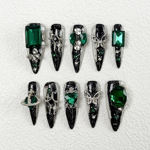 Ongles à presser vert gothique Ongles 3D de luxe｜Élégants à presser faits main | Presse sur les jeux d&#39;ongles | Ongles réutilisables | Presse acrylique sur les ongles
