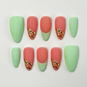 Green and Pink Press On Nails｜Almond Press On Nails｜Spring Trendy Nails｜Press on Nail Sets | Reusable Nails | Handmade Acrylic Press ons