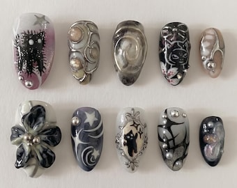 Black Cat Press On Nails｜Grey Moon Star Art｜Silver Chrome Frame Details｜Smoky Floral Almond Nail Set｜Handmade Gothic Salon Look