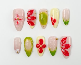 3D Floral Press On Nails | Bright Green and Yellow Gradient | Summer Vibes False Nails | Reusable Nails | Press on Nail Sets | Gel nails