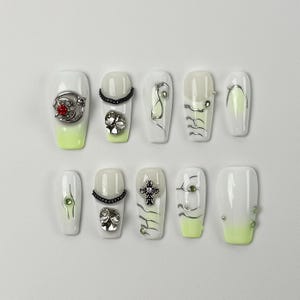 Green Crystal Press On Nails｜Elegant Press On Nails｜3D Handmade Glam Tips | Press on Nail Sets | Reusable Nails | Acrylic Press ons